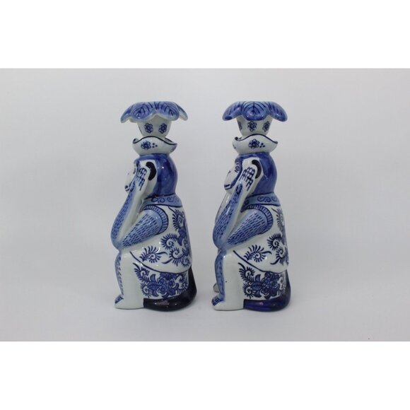 Chinoiserie Monkey Candlestick Holders, White Delft Style Pair - Picture 5 of 9